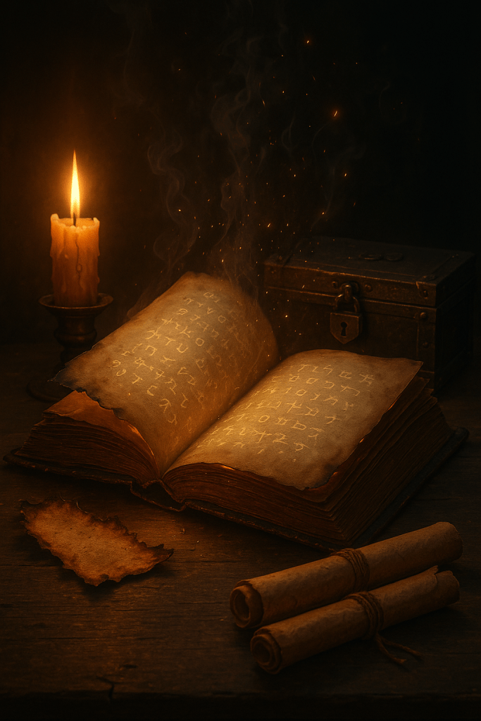 Ancient book glowing with mysterious symbols beside a candle, suggesting forbidden or hidden knowledge.