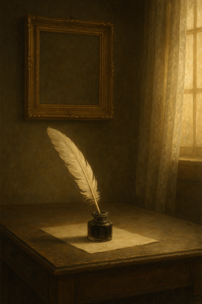 A quill and ink bottle beneath an empty picture frame — the silence of voices who never had the privilege to write.