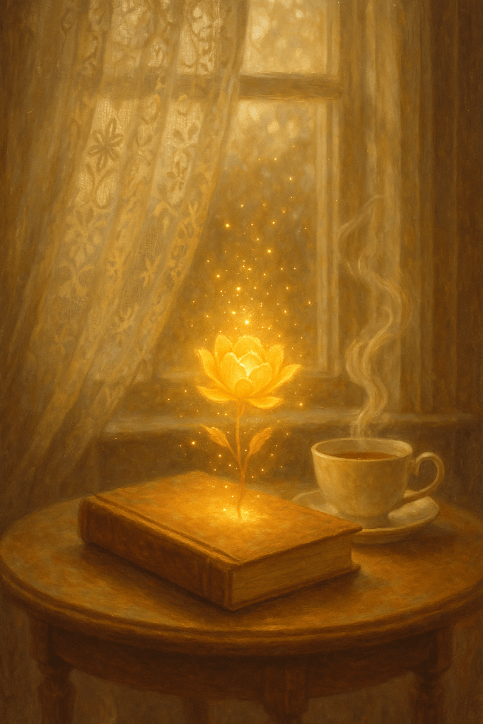 A glowing golden flower blooming from a closed book beside a cup of tea — the beauty and magic of chosen reading.