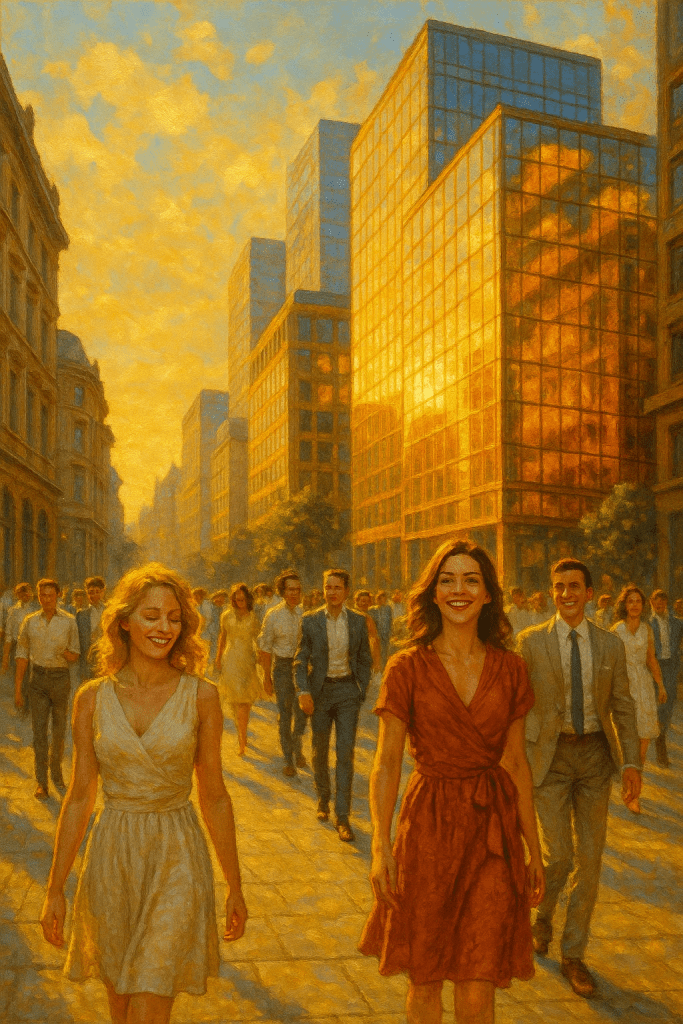 Слънчева улица, хора в светли дрехи и усмивки — символ на просперитета през 50-те и 60-те години.