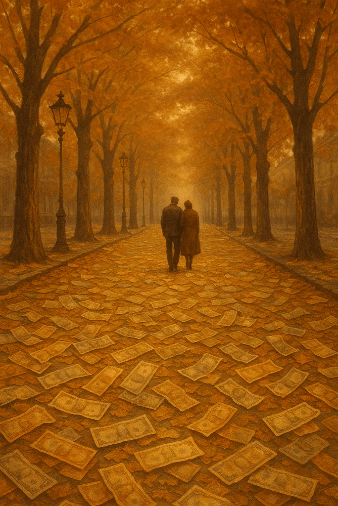 Двойка върви по алея, покрита с паднали банкноти като листа — метафора за илюзията на стабилността през 90-те.