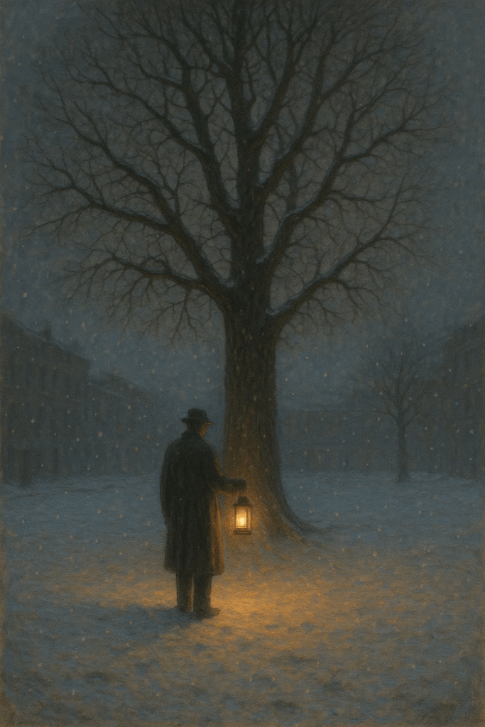 Мъж с фенер стои под голо дърво в снежен площад — символ на размисъла и застиналата икономика след 2008 г.