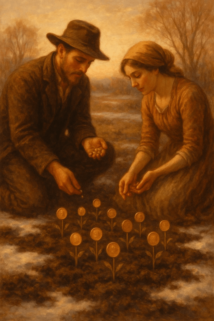 Мъж и жена садят златни семена в земята — символ на икономическото възраждане след Голямата депресия.