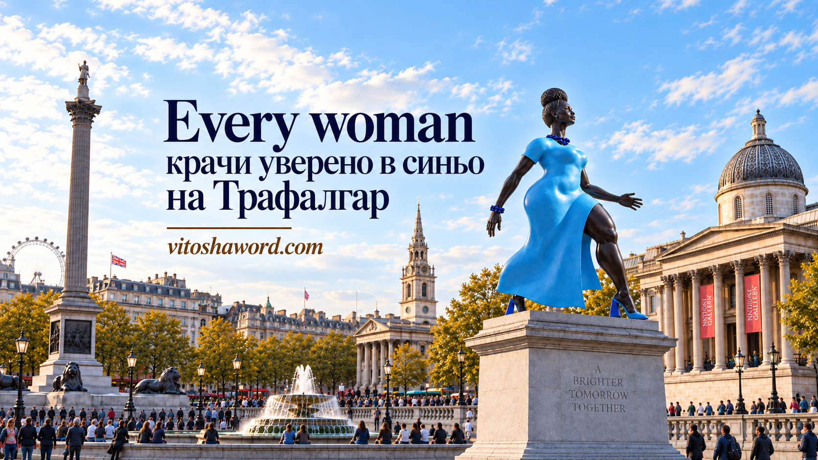 Синята статуя Every woman върху Fourth Plinth на Трафалгар скуеър, с колоната на Нелсън и National Gallery на заден план.